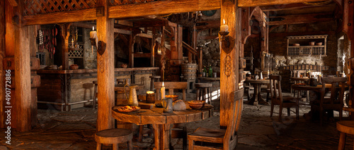 Wide panorama 3D illustration of fantasy medieval tavern bar.