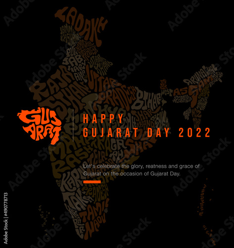 Happy Gujarat Day 2022 Greetings with gujarat map lettering. Indian states and glowing Gujarat map typography.