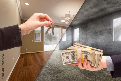 Agent Handing Over House Keys for Cash in Newly Remodeled and Raw Unfinished Room of House Comparison.