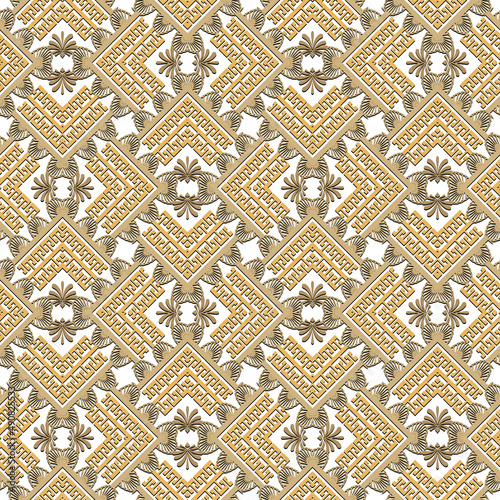 Gold zigzag greek seamless pattern. Greek key meanders floral vector background. Tribal ethnic repeat Deco backdrop. Golden geometric zig zag ornament with flowers. Trendy design. Endless texture