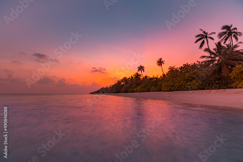 Tranquil summer vacation or holiday landscape. Tropical island sunset beach view palm tree silhouette over calm sky sea. Exotic nature view, inspirational peaceful seascape reflection, sunrise coast