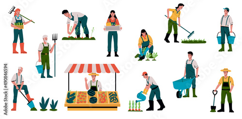 Farmer with vegetables. Agricultural workers in garden. Farmers working with gardening tools. People selling crops and collection harvest. Persons cultivation food. Vector gardeners set