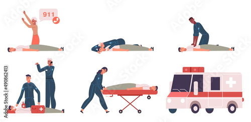 Medical first aid steps emergency situation infographic. Emergency first aid perform stages ector illustration set. Cpr and heart emergency step by step procedure