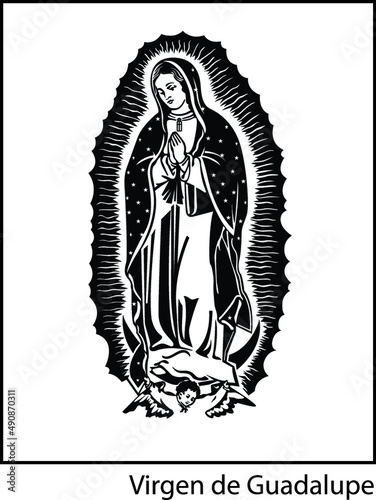 Vertical illustration of the Virgin Mary of Guadalupe on white the background.