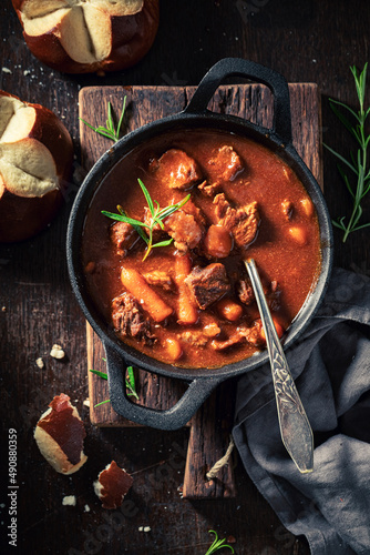 Homemade and tasty goulash made of beef and vegetables