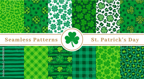 Shamrock and lucky clover seamless pattern set, St. Patrick's Day green background. Leopard print, Buffalo plaid, Four leaf clover. Vector illustration