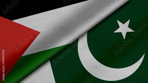 3D Rendering of two flags from State of Palestine and Republic of pakistan together with fabric texture, bilateral relations, peace and conflict between countries, great for background