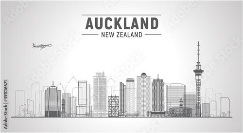 Auckland ( New Zealand ) skyline with panorama in white background. Vector Illustration. Business travel and tourism concept with modern buildings. Image for presentation, banner, website.