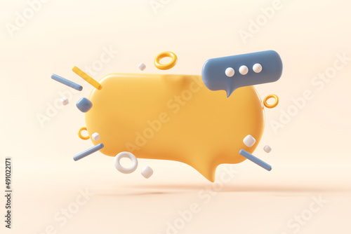 Yellow bubble talk or comment sign symbol on pastel background. Social media messages concept. 3d render.