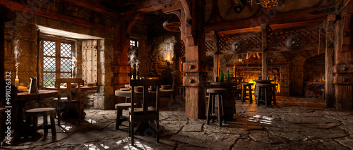 Wide panoramic view of the bar area in a fantasy medieval tavern with open fire in the background. 3D rendering.