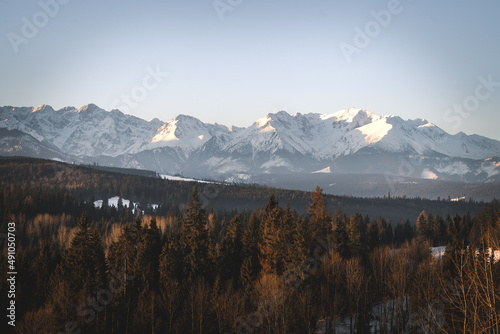 Zimowy widok z przełęczy nad Łapszanką na Tatry Wysokie i Podhale. 