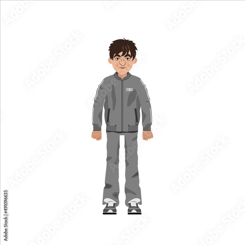 A shaggy, unkempt man in an animation tracksuit. Vector illustration of a man dressed in dirty and crumpled clothes. All details on separate layers with names