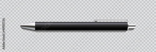 Realistic ballpoint pen vector mockup on a transparent background.