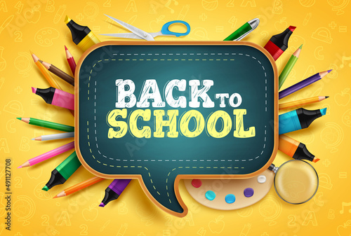 Back to school vector concept design. Back to school text in speech bubble chalkboard with creativity elements of marker and pencil for educational supplies items. Vector illustration. 