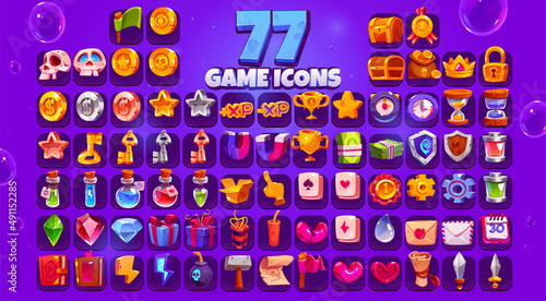 Game icons big set, cartoon skull, coin, star, xp and gold cup, clock, chest, medal or money sack. Crown, lock, key, magnet or shield, witch potion, gift box, crystal and parchment Vector ui elements