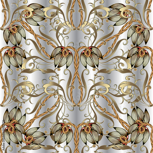 Gold Baroque 3d seamless pattern. Luxury ornamental silver floral background. Vintage golden tulips flowers ornament with intricate ropes, leaves. Repeat ornate 3d vector backdrop. Beautiful design