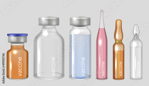 Vaccine ampules. Medical liquid drugs pharmaceutical injection in transparent glass ampules decent vector realistic illustrations