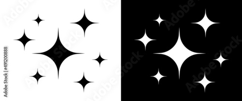 Shine icons. Clean star icons. Sparkle symbols. Brilliance of stars. Twinkle sparks isolated on white and black background. Shiny logo for celebration and cleanliness. Vector