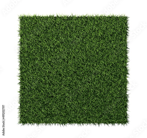 Rectangle square patch or island of green grass isolated on white background flat lay top view from above, spring or eco concept template element