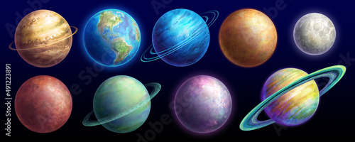 watercolor illustration, planetarium clip art, space collection. Set of solar system planets isolated on black background