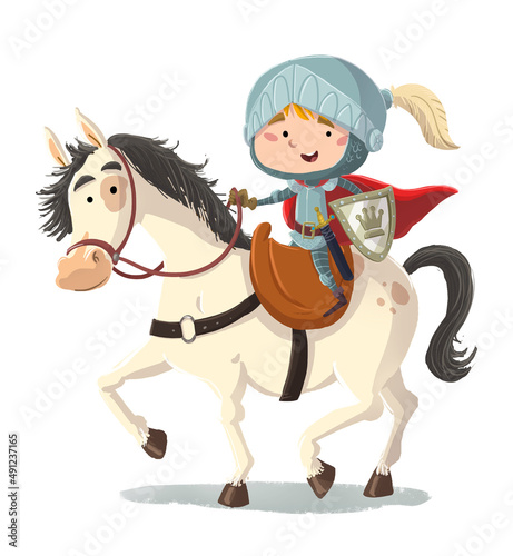 Illustration of a knight boy riding his white horse