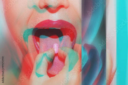 Woman with psychoactive drug pills on her tongue having psychedelic trip with hallucinations