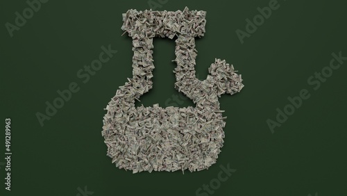 3d rendering of dollar cash rolls and stacks in shape of symbol of bong on green background
