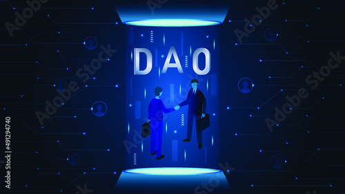 DAO, Decentralized Autonomous Organization. Businessmen signing smart contract on blockchain and metaverse hologram portal.