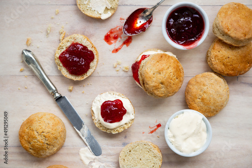 Delicious british scones with strawberry jam and clotted cream