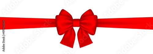 Red bow and red ribbon. Blank background tied with red ribbon and red bow. Dedicated frame on a white background. Vector clipart. 