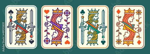 set of King and queen colorful playing card vector illustration set of hearts, Spade, Diamond and Club, Royal cards design collection