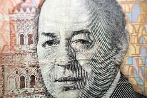 A portrait of King Hassan II the second the King of Morocco from 1961 until his death in 1999 from the obverse side of 100 one hundred Moroccan Dirhams banknote issued in 1987 by bank Al-Maghrib