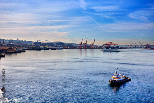 Elliot Bay and the port of Seattle on a calm, sunny, Sunday morning