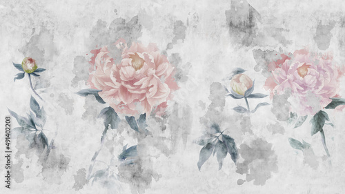 Watercolor peonies flowers painted on a concrete grunge wall. Photo wallpaper, wallpaper, mural, card, postcard design in the modern, loft style.