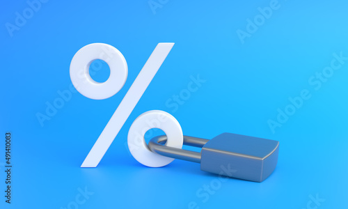 White percentage sign locked with keypad lock on a blue background with copy space. Minimal creative concept. 3d render illustration