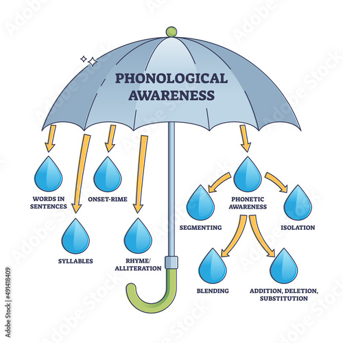Phonological awareness as ability to read or speak evaluation outline diagram. Labeled educational scheme with structured words sentences, syllables, addition and substitution vector illustration.