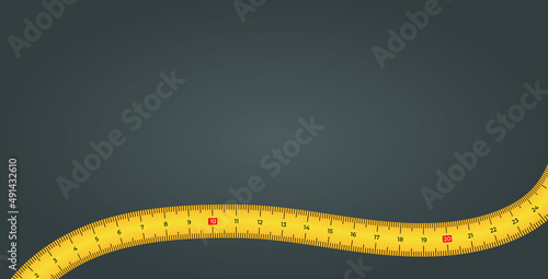 Vector background with measure tape in flat style. Yellow measuring tape template isolated on dark gray background. Vector illustration measuring tool. 