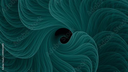 Rich Luxurious Green Swirling Fiber Strings Abstract Fractal Background.Movement and flow graphic design texture.Macro soft fluffy curvy fur artistic wallpaper render.