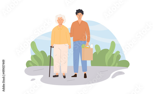 Male caretaker and elderly woman outdoors. Volunteer helping grandma. Scene of social worker with senior person helping to do grocery shopping. Nursing or retirement home services. Vector illustration