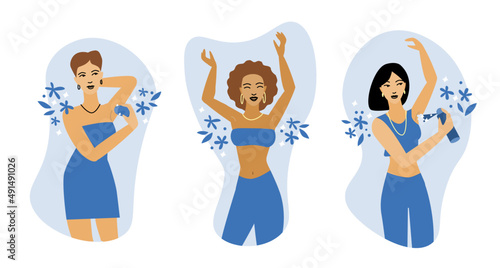 Deodorant set for underarms. Protection against sweat. Illustrations of three beautiful women using antiperspirant.