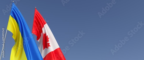 Flags of Ukraine and Canada on flagpoles on sides. Flags on a blue background. Place for text. Independent Ukraine. Three flags of Canada. Maple leaf. 3D illustration