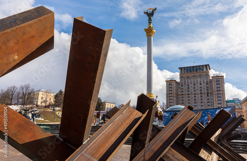 Anti-tank hedgehogs on Independence Square in the center of Kyiv