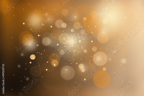Glowing yellow bokeh circles, sparkling golden dust abstract gold luxury background decoration. Golden background with bokeh effect. Elegant and glamorous background.