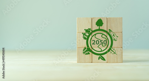 Net zero by 2050. Carbon neutral. Net zero greenhouse gas emissions target. Climate neutral long term strategy. No toxic gases. Hand puts wooden cubes with net zero icon in 2050 on grey background.