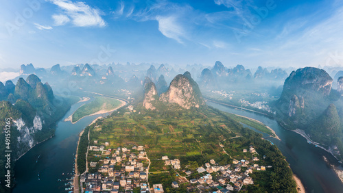 Aerial view of Lijiang River Scenic Area in Guilin, China. It is a World Natural Heritage site and the largest karst landscape in the world.