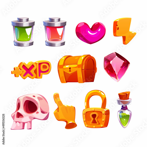 Game icons with heart, gem, lightning, batteries, gold treasure chest and skull. Vector cartoon set of symbols for mobile game gui, energy and xp signs, padlock, potion and pointing hand