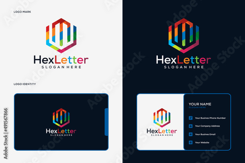 Colorful hexagonal letter m logo and business card template