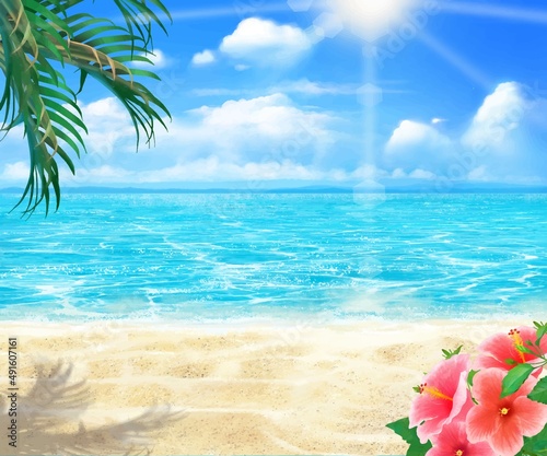 太陽の光差し込む青い空の下、浜辺にヤシの木とハイビスカスの咲く夏の海の煌めくおしゃれフレーム背景素材