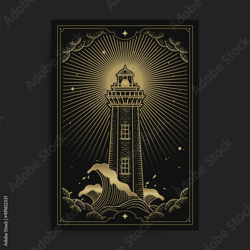 Lighthouse in the middle of the sea with waves and storm clouds, illustration with esoteric, boho, spiritual, geometric, astrology, magic themes, for tarot reader card or posters