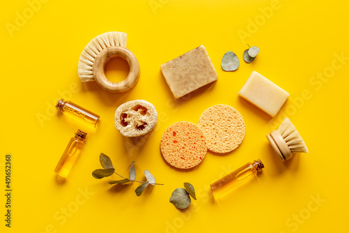 Spa cosmetic products with shower sponge and pumice. Top view flatlay